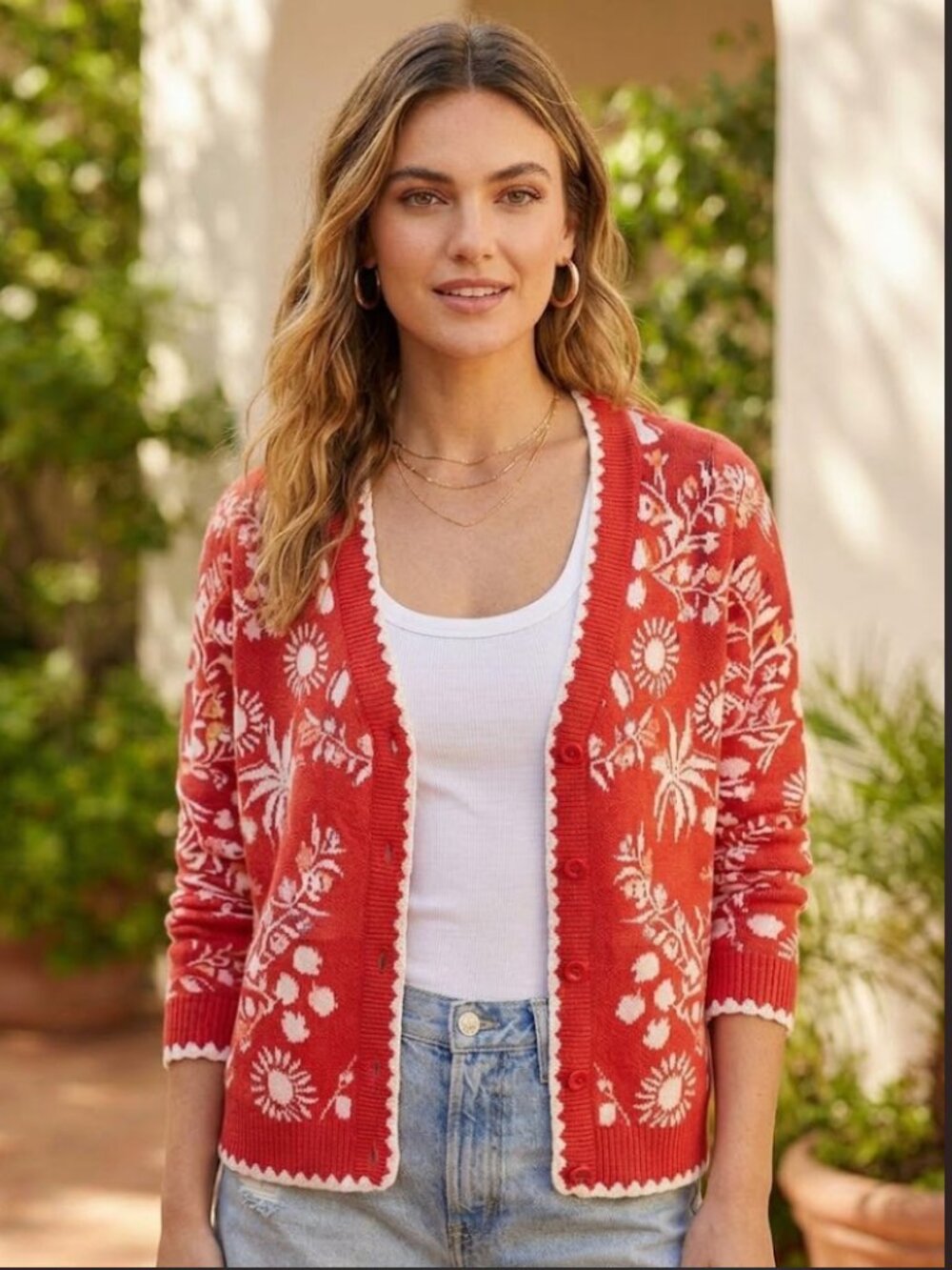 Cynthia Rowley Red White Tropical Palm Tree Intarsia Knit Cardigan-M- MSRP $350